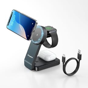 3-in-1 Wireless Charging Station for Apple Devices, 15W Wireless Charger for iPhone 16/15/14/13/12, Apple Watch, AirPods, Magnetic Foldable Fast Charger Apple Charging Station (Black)