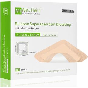 Neuheils السيليكون Super Embbbent oundress 5''x5 '' 10 عبوات ، ضمادة مقاومة للماء لذاتها مع وسادة بوليمر الموجات فوق الصوتية لجرح إفراغ ثقيل