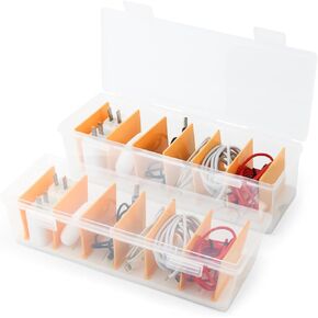 2 Pack Cable Organizer Box with 1 Roll of 3m Cable Ties, Cord Storage Organizer with Lid, Cable Storage Box for Drawer Desk Office Home, Stackable(COLOR:Transparent)
