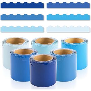 6 Rolls 206.69ft Winter Colorful Borders for Bulletin Board, Blue Scalloped Trim Boho Bulletin Board Decorations for Christmas Witner Classroom Office Decor Supplies(Blue)