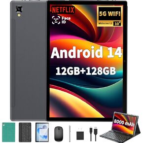Android 14 Tablet with Keyboard - 10 inch Tablet, 12GB RAM, 128GB ROM (1TB Expand), 5G/2.4G WiFi, 8000mAh, BT 5.0, GMS Certified, with Mouse, Case, Stylus, Support Split screen, Face ID(Green)