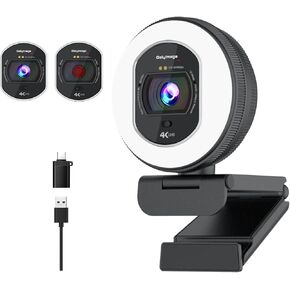 Webcam for PC 4K, 4K Webcam with Ring Light, TOF Autofocus, 1080p@60fps Web Cam for Streaming, Noise-Canceling Mic,Built-in Privacy Cover, Streaming Camera for Live Commerce/Gaming/Beauty