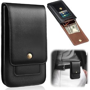 Phone Holster for Men Belt, Phone Belt Holder for iPhone 16, 16 Pro, iPhone 15 Pro, 15 Pro Max, 14 Pro, for Galaxy s25 Ultra, S24, Leather Belt Phone Holder for Men with 3 Card Slots, Black