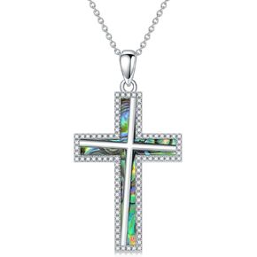 JKR 925 Sterling Silver Cross Necklace for Women Men Christian Pendant With Abalone Shell Butterfly/Hummingbird/Cardinal/Dragonfly/Ladybug Jewelry Christmas Gift for Her Him Mom Dad