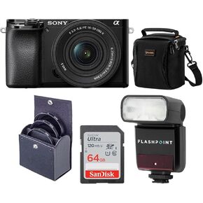 Sony Alpha A6100 Mirrorless Digital Camera, with 16-50mm Lens (Black) Flash Bundle with Flashpoint Zoom-Mini TTL R2 Flash, Bag, Filter Kit, 64GB SD Card