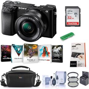 Sony Alpha a6100 Mirrorless Digital Camera with 16-50mm Lens - Bundle with Camera Case, 32GB SDHC Card, 40.5mm Filter kit, Card Reader, LCD Protector Cover, Cleaning Kit, PC Software Package