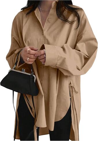 Verdusa Women's Oversized Button Down Shirts Split High Low Long Sleeve Blouses Tunics Tops in Kuwait