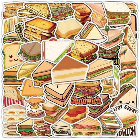 Sandwich Stickers, 50PCs Pack, Cartoon Food Vinyl Decals for Laptop, Hydro Flask, Water Bottle, Phone, Stickers for Friends, Teens, Delicate Decals as Gifts (Sandwich) in Kuwait