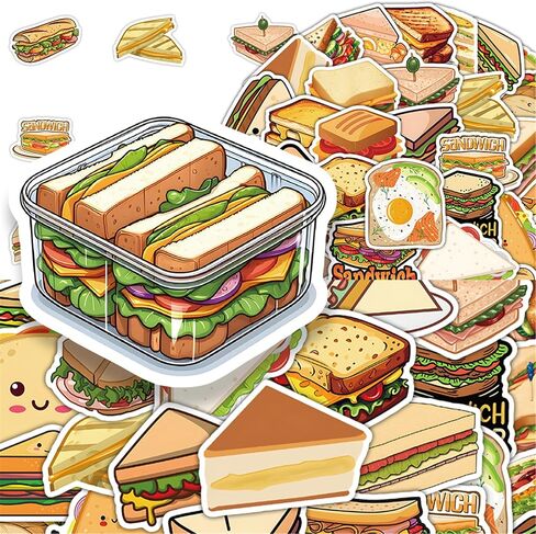 Sandwich Stickers, 50PCs Pack, Cartoon Food Vinyl Decals for Laptop, Hydro Flask, Water Bottle, Phone, Stickers for Friends, Teens, Delicate Decals as Gifts (Sandwich) in Kuwait
