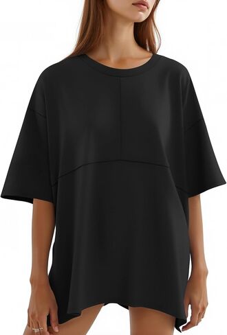 Tankaneo Womens Oversized Tshirts Summer Casual Short Sleeve Workout Tops Crewneck Patchwork Tunic Tee Shirt in Kuwait