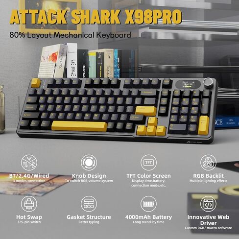 الهجوم Shark X98 Pro Wireless Mechanical Keyboard مع شاشة ومقبض ، 2.4G/USB-C/BT5.0 GASKET HOT SWAPPERAIND CREAMY KEYYS102 KEYS ، Web Driver RGB Gaming Keyboard للكمبيوتر الشخصي/MAC/PS4/XBOX in Kuwait