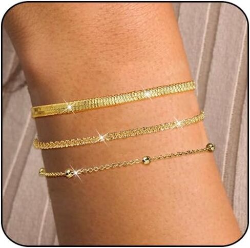 أساور ذهبية مطرزة للنساء، أساور ذهبية قابلة للتكديس للنساء غير مشوهة، سوار من الخرز المطلي بالذهب الحقيقي عيار 14 قيراط مقاوم للماء مع أساور حروف in Kuwait