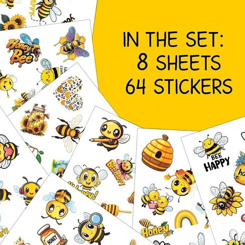 64pcs Bee Sticker, Honeybee Stickers, Bumblebee Waterproof Decals for Water Bottles Laptop Luggage Computer Scrapbooking Teens Adults Girls Kids Funny Party Birthday Decorations in Saudi Arabia