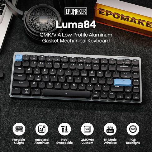 EPOMAKER Luma84 Low Profile Aluminum Mechanical Keyboard, QMK/VIA Programmable, Tri-Mode Wireless, Win/MAC/Linux Compatible, RGB Backlight (Black&Blue, Gateron Low-Profile Brown Switch) in Saudi Arabia