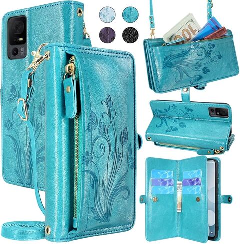 Lacass for Jitterbug Smart4 Smart 4 for Seniors (aka Lively Smart) Case Wallet,[Cards Theft Scan Protection] Card Holder Zipper Leather Flip Cover Crossbody Wrist Strap Phone case(Floral Blue Green) in Saudi Arabia