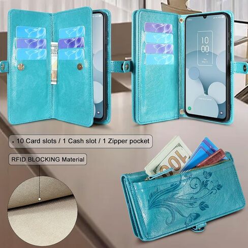 Lacass for Jitterbug Smart4 Smart 4 for Seniors (aka Lively Smart) Case Wallet,[Cards Theft Scan Protection] Card Holder Zipper Leather Flip Cover Crossbody Wrist Strap Phone case(Floral Blue Green) in Saudi Arabia