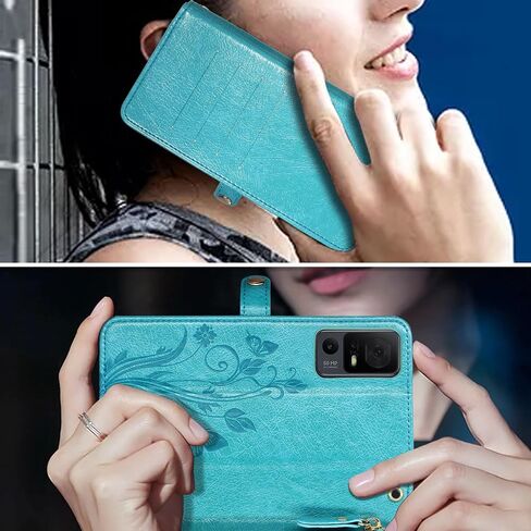 Lacass for Jitterbug Smart4 Smart 4 for Seniors (aka Lively Smart) Case Wallet,[Cards Theft Scan Protection] Card Holder Zipper Leather Flip Cover Crossbody Wrist Strap Phone case(Floral Blue Green) in Saudi Arabia