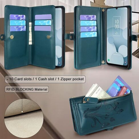 Lacass for Jitterbug Smart4 Smart 4 for Seniors (aka Lively Smart) Case Wallet,[Cards Theft Scan Protection] Card Holder Zipper Leather Flip Cover Crossbody Wrist Strap Phone case(Floral Blue Green) in Saudi Arabia