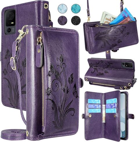 Lacass for Jitterbug Smart4 Smart 4 for Seniors (aka Lively Smart) Case Wallet,[Cards Theft Scan Protection] Card Holder Zipper Leather Flip Cover Crossbody Wrist Strap Phone case(Floral Blue Green) in Saudi Arabia