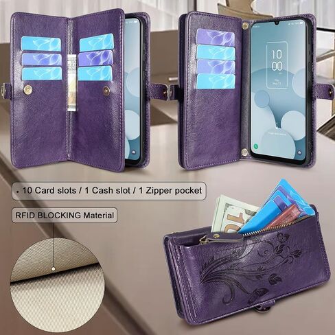 Lacass for Jitterbug Smart4 Smart 4 for Seniors (aka Lively Smart) Case Wallet,[Cards Theft Scan Protection] Card Holder Zipper Leather Flip Cover Crossbody Wrist Strap Phone case(Floral Blue Green) in Saudi Arabia