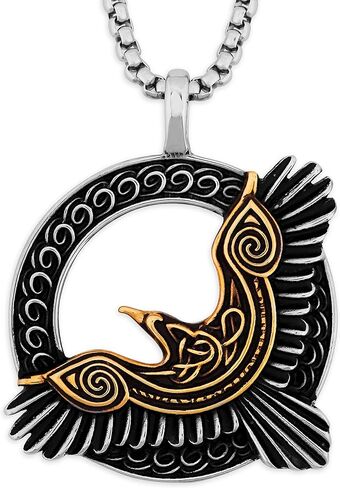 HAQUIL Raven Necklace, Black Plated Stainless Steel Celtic Raven in Flight Medallion Pendant, Box Chain, Raven Jewelry Gift in Kuwait