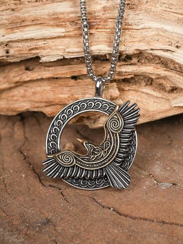 HAQUIL Raven Necklace, Black Plated Stainless Steel Celtic Raven in Flight Medallion Pendant, Box Chain, Raven Jewelry Gift in Kuwait