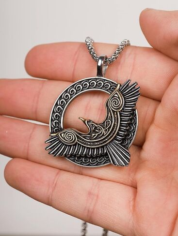 HAQUIL Raven Necklace, Black Plated Stainless Steel Celtic Raven in Flight Medallion Pendant, Box Chain, Raven Jewelry Gift in Kuwait