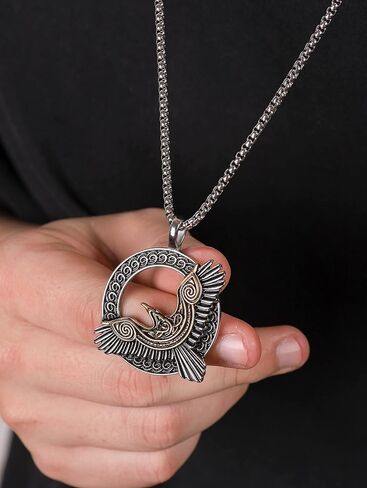 HAQUIL Raven Necklace, Black Plated Stainless Steel Celtic Raven in Flight Medallion Pendant, Box Chain, Raven Jewelry Gift in Kuwait