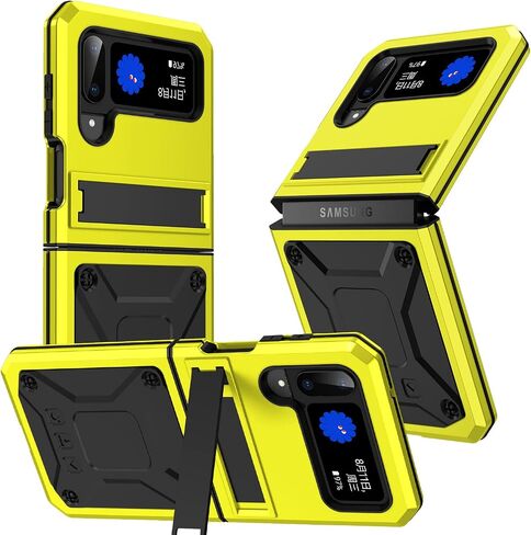 Samsung Z Flip 4 3 Metal Bumper Silicone Case with Stand Hybrid Military Shockproof Heavy Duty Rugged case with Screen Protector Cover for Samsung Z Flip 4 (Yellow) in Saudi Arabia