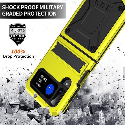 Samsung Z Flip 4 3 Metal Bumper Silicone Case with Stand Hybrid Military Shockproof Heavy Duty Rugged case with Screen Protector Cover for Samsung Z Flip 4 (Yellow) in Saudi Arabia