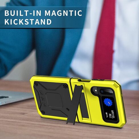 Samsung Z Flip 4 3 Metal Bumper Silicone Case with Stand Hybrid Military Shockproof Heavy Duty Rugged case with Screen Protector Cover for Samsung Z Flip 4 (Yellow) in Saudi Arabia