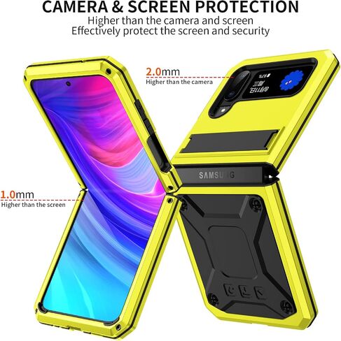 Samsung Z Flip 4 3 Metal Bumper Silicone Case with Stand Hybrid Military Shockproof Heavy Duty Rugged case with Screen Protector Cover for Samsung Z Flip 4 (Yellow) in Saudi Arabia