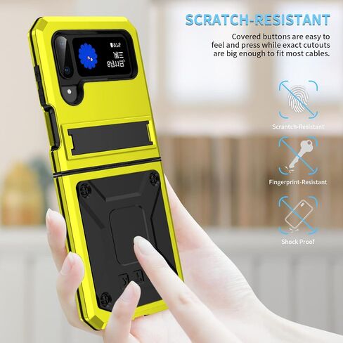 Samsung Z Flip 4 3 Metal Bumper Silicone Case with Stand Hybrid Military Shockproof Heavy Duty Rugged case with Screen Protector Cover for Samsung Z Flip 4 (Yellow) in Saudi Arabia
