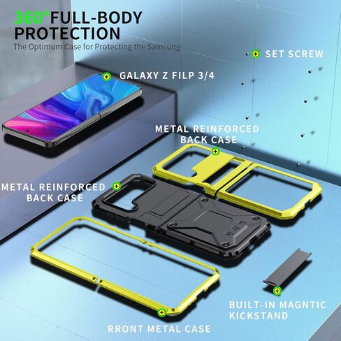 Samsung Z Flip 4 3 Metal Bumper Silicone Case with Stand Hybrid Military Shockproof Heavy Duty Rugged case with Screen Protector Cover for Samsung Z Flip 4 (Yellow) in Saudi Arabia