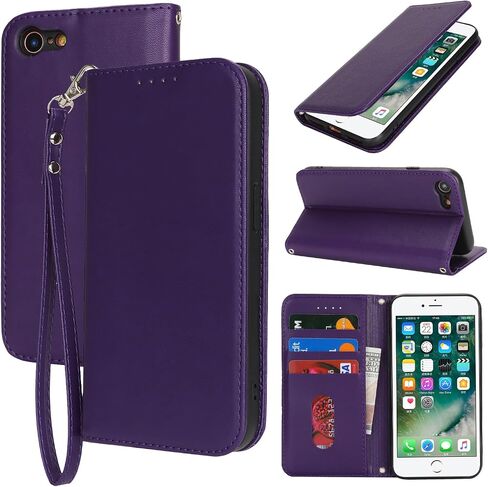 for iPhone 8 iPhone SE 2022/2020 Wallet Case for Women,for iPhone 7 Case with Card Holder and Wrist Strap,PU Leather Shockproof Magnetic Kickstand Flip Phone Case-Purple in Saudi Arabia