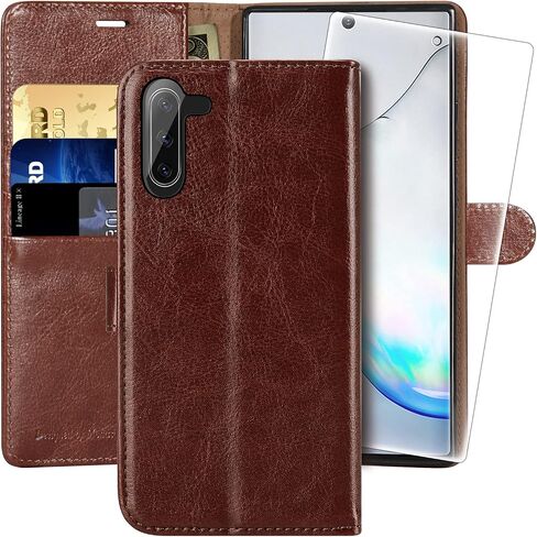 MONASAY Wallet Case Compatible for Galaxy Note 10, 6.3 inch, [Included Screen Protector][RFID Blocking] Flip Folio Leather Cell Phone Cover with Credit Card Holder, Brown in Saudi Arabia