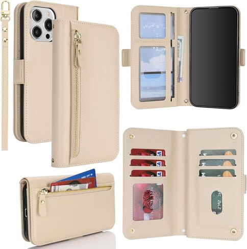 for iPhone 15 Pro Max Case Wallet with Card Holder,for iPhone 15 Pro Max Wallet Case Women Men with Stand,Leather Magnetic Zipper Pocket Wrist Strap Flip Phone Case-White Leopard in Kuwait