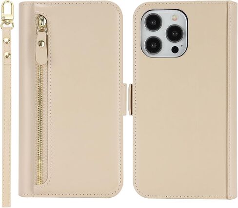 for iPhone 15 Pro Max Case Wallet with Card Holder,for iPhone 15 Pro Max Wallet Case Women Men with Stand,Leather Magnetic Zipper Pocket Wrist Strap Flip Phone Case-White Leopard in Kuwait