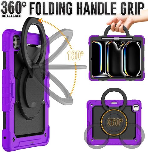 SCSVPN Case for iPad Pro 13 Inch 2024 (M4, 7th Generation), Shockproof Rugged Protective Kids Cover with Screen Protector - Pencil Holder - 360 Rotating Stand - Handle - Shoulder Strap, Rainbow Pink in Saudi Arabia