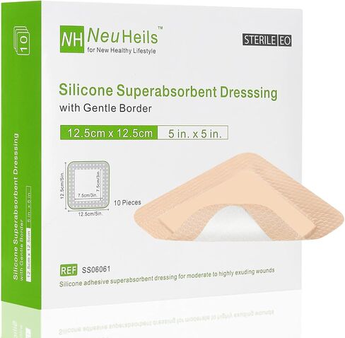 Neuheils السيليكون Super Embbbent oundress 5''x5 '' 10 عبوات ، ضمادة مقاومة للماء لذاتها مع وسادة بوليمر الموجات فوق الصوتية لجرح إفراغ ثقيل in Kuwait