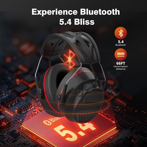 Bluetooth 5.4 Hearing Protection Headphones with 1200mAh Rechargeable Battery, 120H Working Time, 30dB SNR, Ear Muffs with Larger Buttons for Easy Operation, Superior Stereo Sound Quality,Black/Red in Kuwait