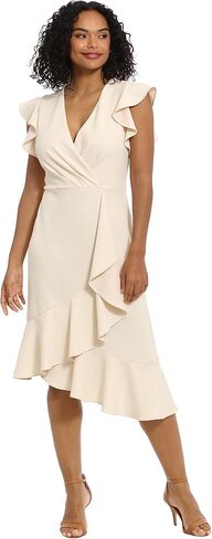 London Times Women's Feminine Ruffle Sleeve V-Neck Polished Career Crepe Wrap Dress with Asymmetrical Hem in Kuwait