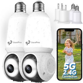 2K Light Bulb Security Camera Outdoor, 5G&2.4G WiFi Wireless Cameras for Home Security with Adjustable LED Lights, IPX6 Waterproof, 360° Motion Tracking and AI Human Detection -2 Pack