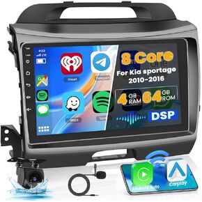 [8-Core 4+64GB] Android 13 لـ KIA Sportage 2010-2016 CAR Stero مع Carplay Android Auto ، Hikity 10.1 "Radio Carplay مع GPS WiFi Bluetooth SWC كاميرا مكبوتة ميكروفون
