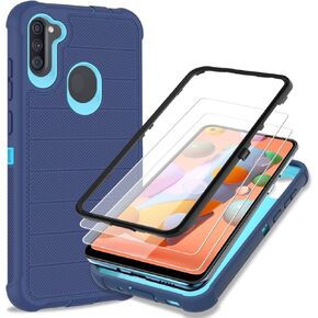 Galaxy A11 Phone Case with HD Screen Protector Heavy Duty [3 Layer] Hybrid Shock Proof Protective Rugged Bumper PC and TPU Cover Case for Samsung Galaxy A11 Phone (Black/Black)