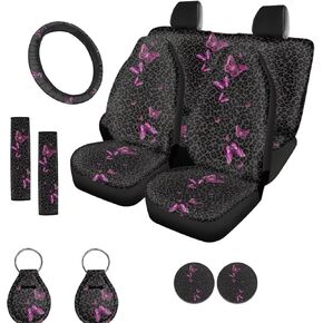 Mushroom Car Seat Cover Full Set Universal Front Rear Bench Bucket Seat Cover Car Accessories Steering Wheel Cover Seatbelt Strap Cover Auto Coasters+ Keychains Trippy Galaxy Purple Blue