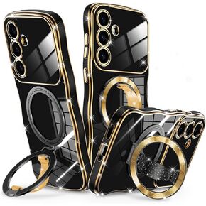 Silverback for Samsung Galaxy S24 Case with Soft Silicone Grip and O-Ring Stand Compatible with Magsafe, Women Girls Bling Sparkly Protective Cover, Glitter Rose Gold