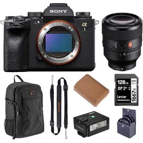 Sony Alpha 1 Mirrorless Camera, Bundle with FE 50mm f/1.2 G Master Lens, Alpine 200 Backpack, 128GB UHS-II SDXC Memory Card, Extra Battery, 72mm Filter Kit, iM30 Mini Flash, Quick Release Sling Strap
