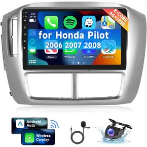 [8 CORE 6G+128G] Car Radio for Honda Pilot 2006 2007 2008 with Wireless Carplay/Android Auto, 9 Inch Android 13 IPS Touch Screen Car Stereo, Bluetooth, GPS, WiFi, SWC, DSP Audio + HD Backup Camera