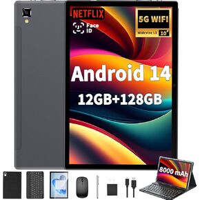 Android 14 Tablet with Keyboard - 10 inch Tablet, 12GB RAM, 128GB ROM (1TB Expand), 5G/2.4G WiFi, 8000mAh, BT 5.0, GMS Certified, with Mouse, Case, Stylus, Support Split screen, Face ID(Black)